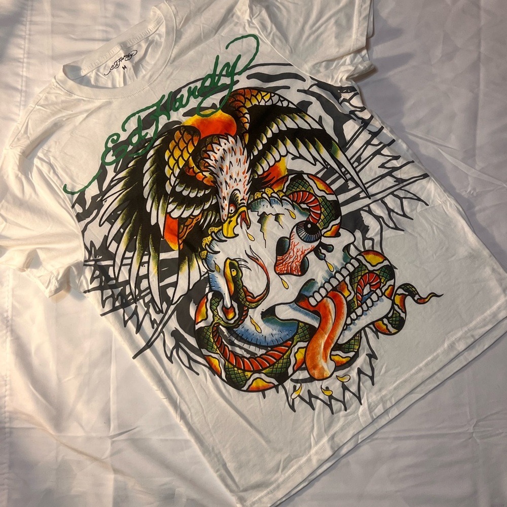 Ed Hardy White Tee with Colorful Graphic